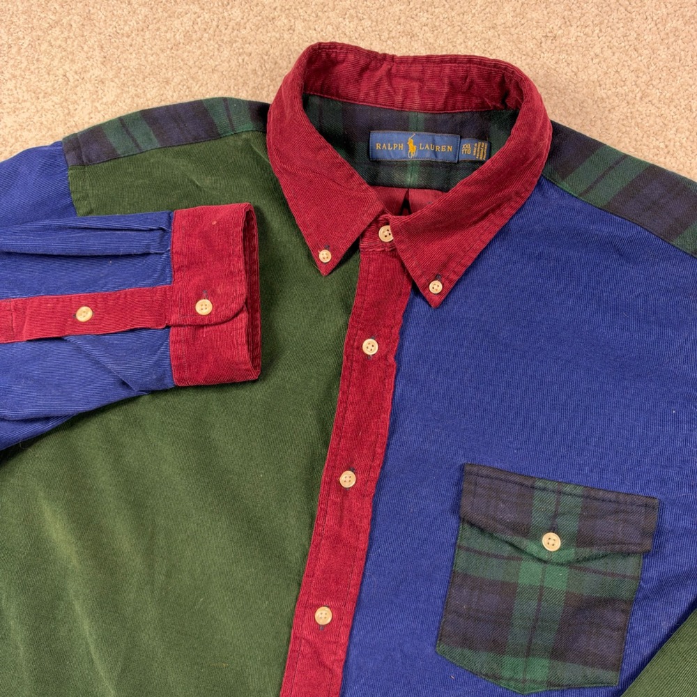 Ralph Lauren Corduroy Shirt Mens XXL Multicolor Colorblock Plaid Pocket Long Slv
